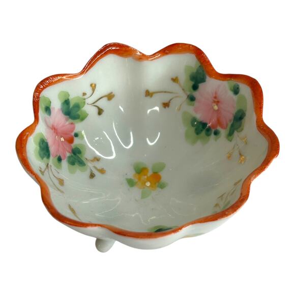 Vintage Porcelain Scalloped Edge Salt Cellar Trinket Dish Bowl White Floral Pink - Picture 2 of 7